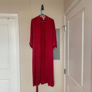 August Silk - Red Silk robe with animal print trim